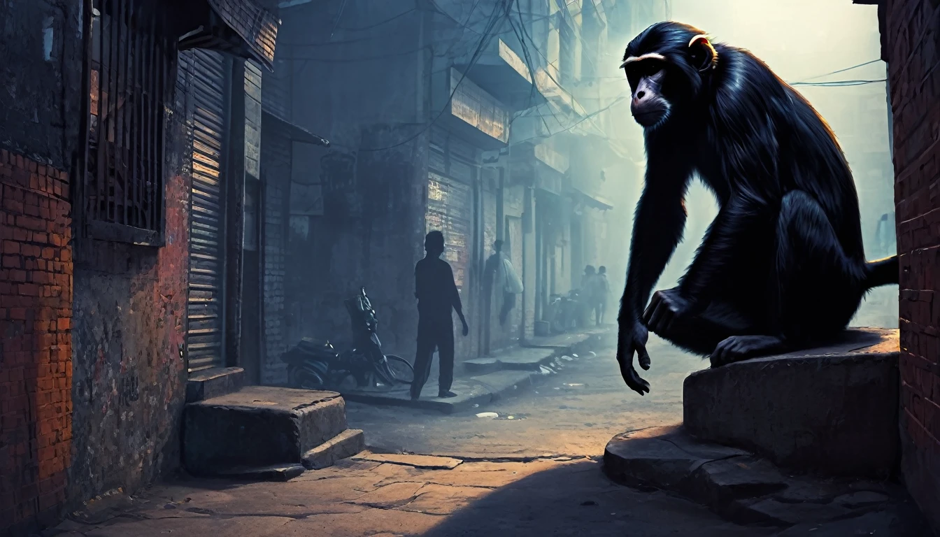 Create a digital artwork inspired by the urban legend of the Monkey Man of Delhi. The scene should depict a gritty, urban environment typical of Delhi, with narrow alleys and modern architecture. In the foreground, include a shadowy figure resembling the Monkey Man, characterized by a humanoid appearance with simian features. Use a color palette that conveys a sense of mystery and fear, with elements like streetlights casting long shadows and distant cityscape lights adding to the atmosphere. The composition should evoke the tension and intrigue surrounding this urban legend
