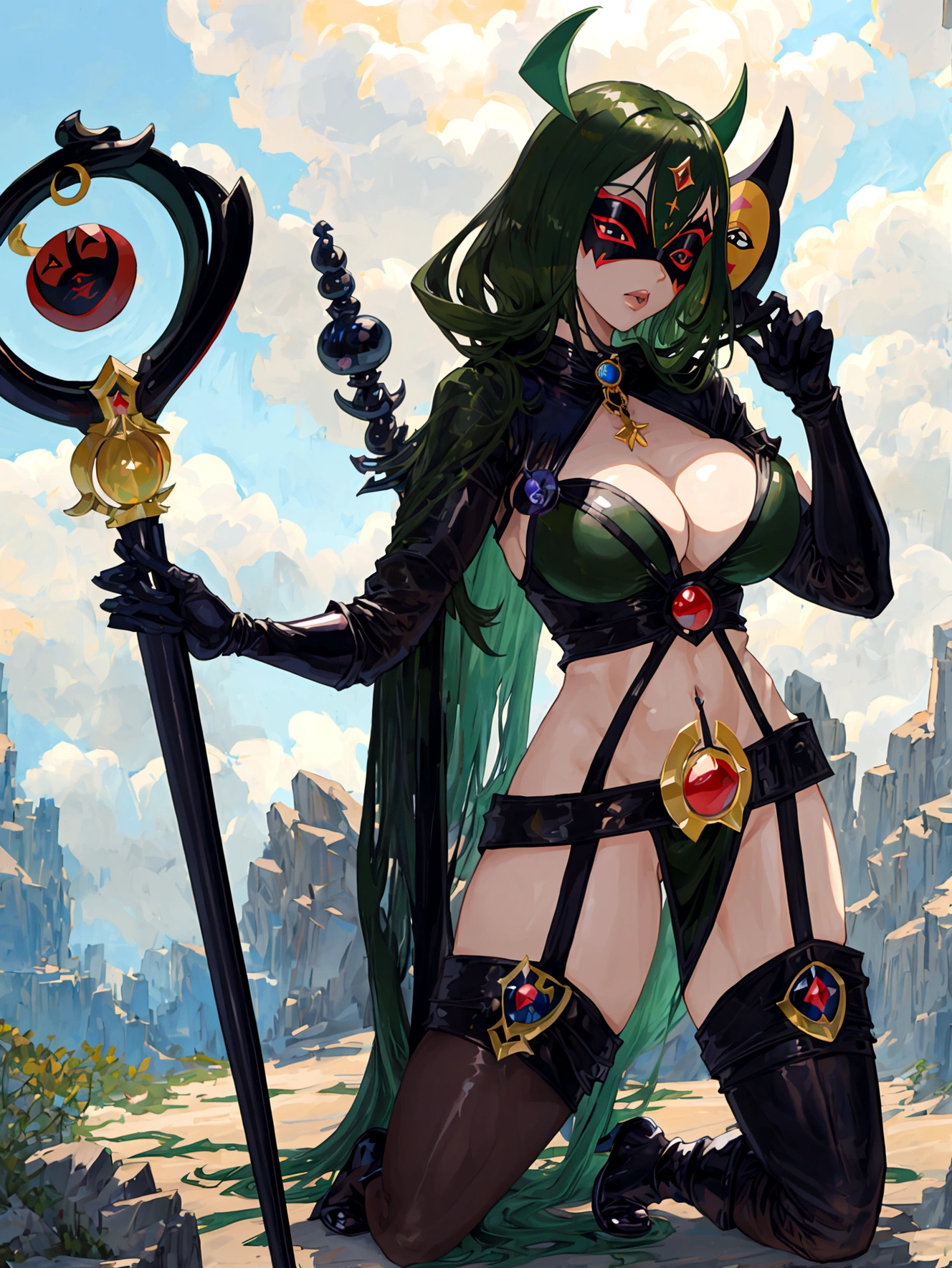(masterpiece), best quality, expressive eyes, perfect face, olive skin, (((skimpy witch costume))), sexy, huge natural , huge ass, full body, jewelry, high heels, sexy, beautiful, long black hair, blue eyes, full body, aroused, lustful look, horny, (sadistic), (((domino mask))), (((sentai villain))), black witch hat, ((((1girl)))), standing pose, witch's staff