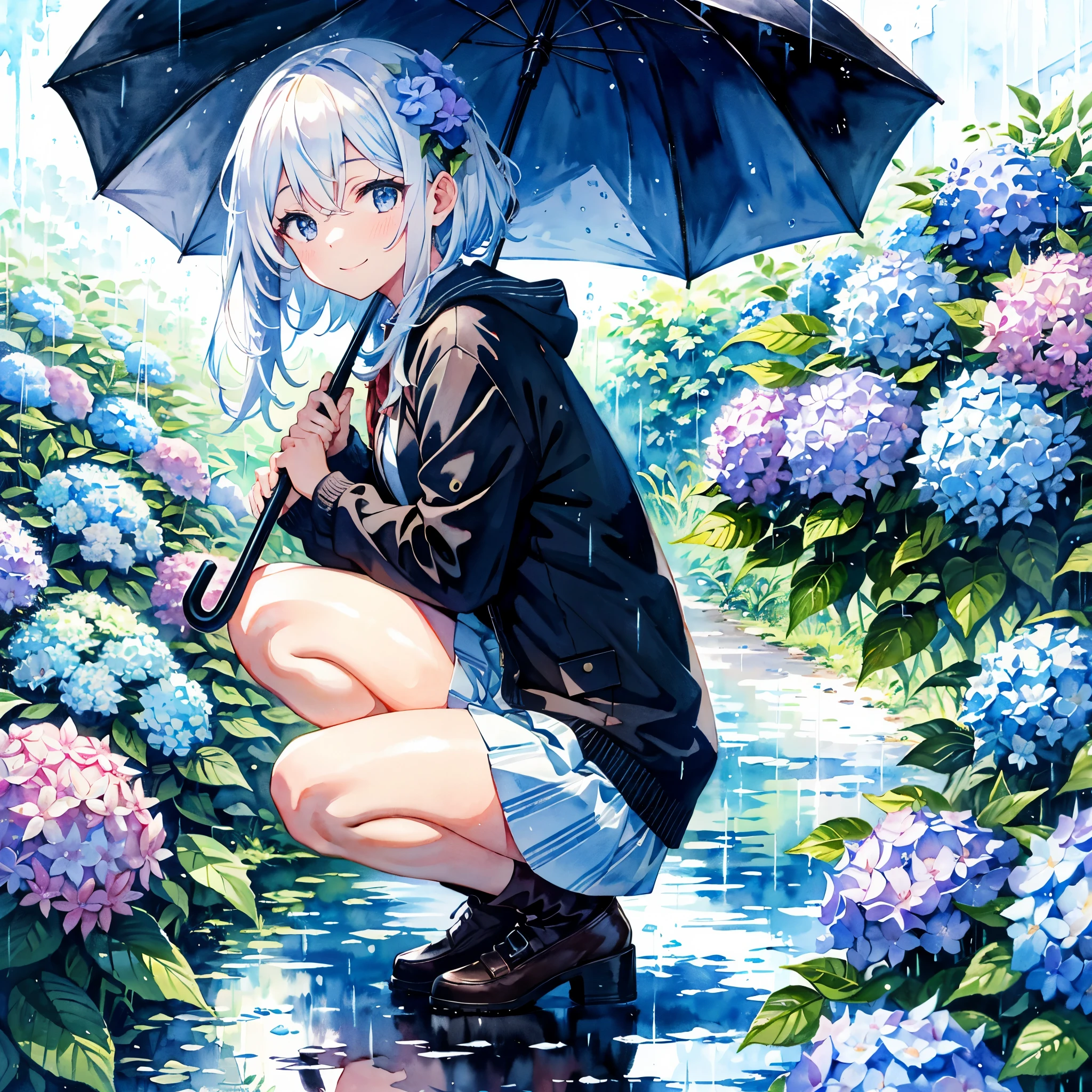 Absurd, High resolution,
Girl holding an umbrella in the rain, wear , Hydrangea flowers, squat, Dynamic Angle, watercolor, , Smile Break