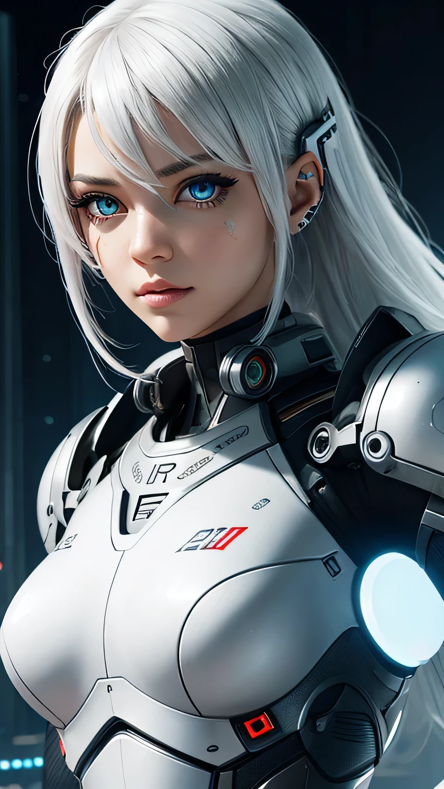 cyborg girl, beautiful eyes, battle field background, white hair, masterpiece, ultra high details