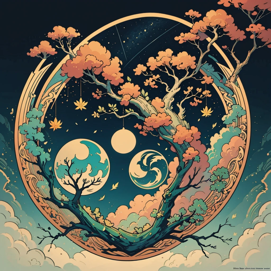 circular tree,four seasons,spring,summer,autumn,winter,leaves,roots,branches,trunk,ornate border,decorative,digital illustration,artwork,movement,time,swirling background,dark background,vibrant colors,natural,life cycle,growth,change,nature,life,peace,harmony,spirituality,symbolism,digital art,illustration,painting,graphic design,art,design,digital media,online art,visual art,fine art,fantasy