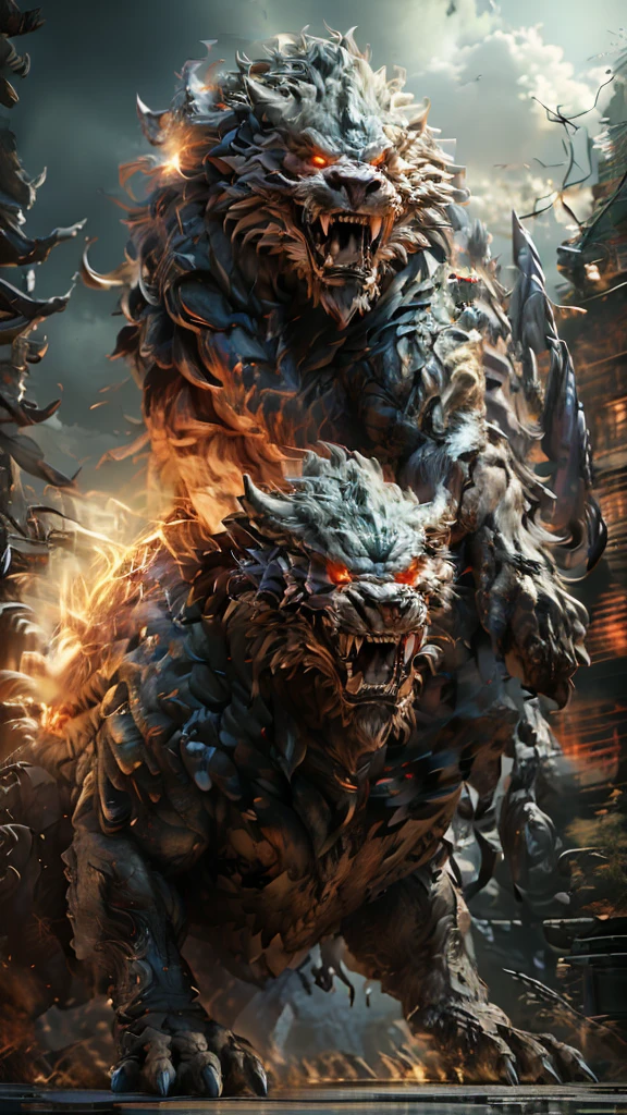 A hyper-realistic 3D rendering of Bowser, a well-known character from the Super Mario franchise, standing in an industrial, dimly-lit warehouse. Bowser has detailed, textured skin with prominent scales and spikes, and his expression is fierce with sharp, intense eyes and thick eyebrows. The setting includes a wet, reflective floor with scattered debris, creating a gritty atmosphere. The lighting should emphasize Bowser's intimidating presence and the industrial environment around him.