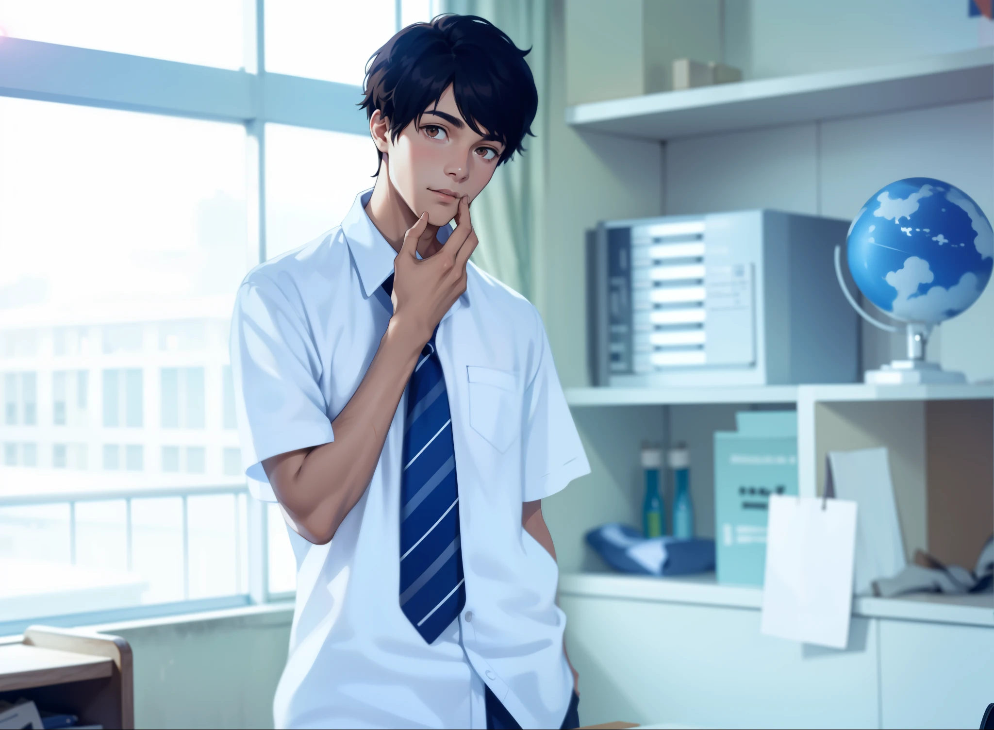 There is a young man on top of his school in the background, you can see a city, he has brown eyes, brown hair, he is looking curiously.