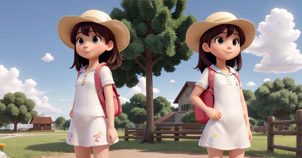 Masterpiece, Best Quality, high resolution, extremely detailed, detailed background, cinematic lighting, 1 girl, looking at the viewer, park, White dress, sun hat, SMILE, Wearing Mochila Randos, (mochila randoseru:1.0), standing