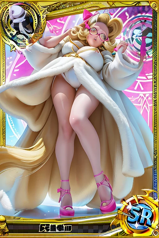 Trading card of blush, smileglowing aura, natural light, masterpiece,  glossy skin, juicy lips , ,sexy, hot, , cleavage, evil,juicy lips, bimbo, hour glass, blonde hair,  wide eyes, green eyes, massive , dark lighting, long hair, pink bow, oversized jumper, platform shoes, bow in hair, golden round glasses, sandy blonde hair, bimbo, cute, fluffy white coat, shopping, shopping bags, white fluffy coat, evil smile, no hair on forehead, no fringe, from below, juicy lips, cowTsubasat