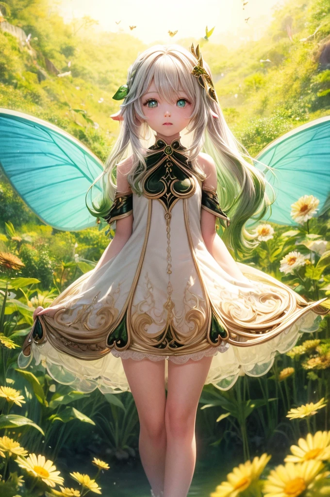 "((Innocent)) girl, golden hour, dreamy meadow, ethereal, whimsical, flowing dress, soft sunlight, enchanting, butterfly wings, (Pastel clouds), liquid reflections super resolution realistic