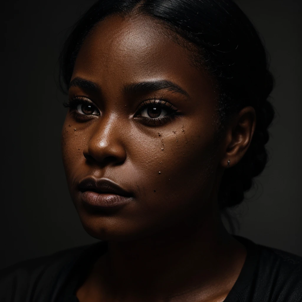 a close-up image of a black girls face where you see her eye and side profile with a tear drop rolling down her face, tonally it should feel gritty, real and the underdog as the thematic statement. keep it dark and ominous