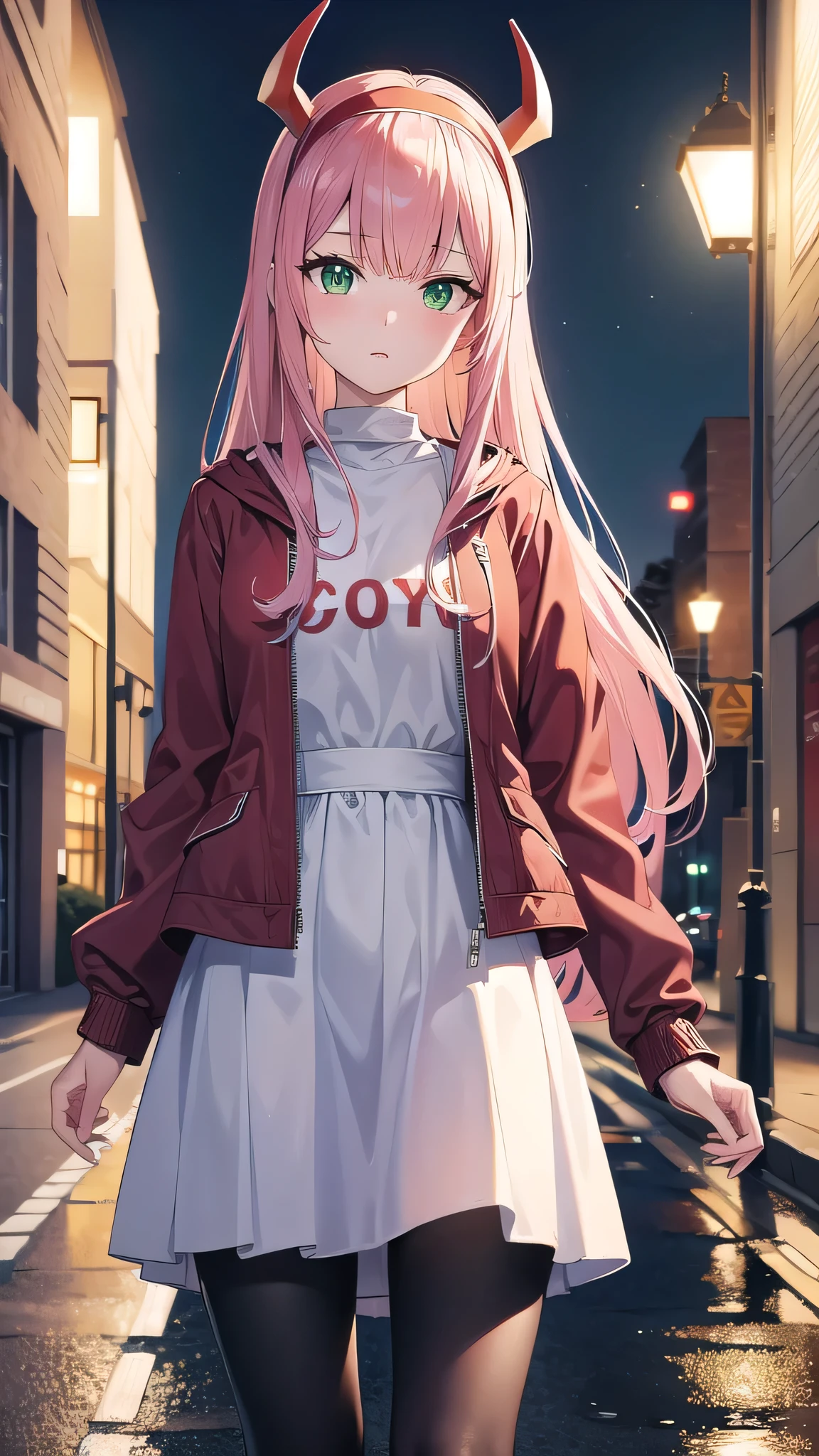 zerotwo, zero two, (green eyes:1.5), hairband, horns, long hair, pink hair, red horns, white hairband,
BREAK jacket, leggings, red jacket, white footwear,
BREAK indoors, classroom,BREAK looking at viewer, (cowboy shot:1.5),BREAK (masterpiece:1.2), best quality, high resolution, unity 8k wallpaper, (illustration:0.8), (beautiful detailed eyes:1.6), extremely detailed face, perfect lighting, extremely detailed CG, (perfect hands, perfect anatomy),city,street,night,wet road,reflections,lights, standing in middle of street