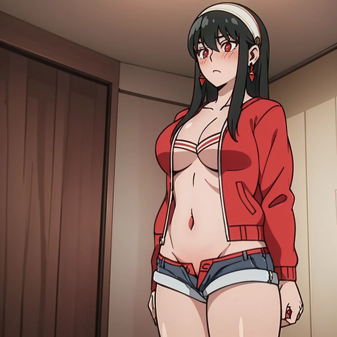 (masterpiece, best quality:1.2), 1girl, solo,(((standing_split,)) yorbriar, yor briar, black hair, (red eyes:1.5), earrings, white hairband, hairband ,short hair with long locks , bikini top and denim mini shorts, Unzip the jacket, Blush, , wide hips , milf , bedr