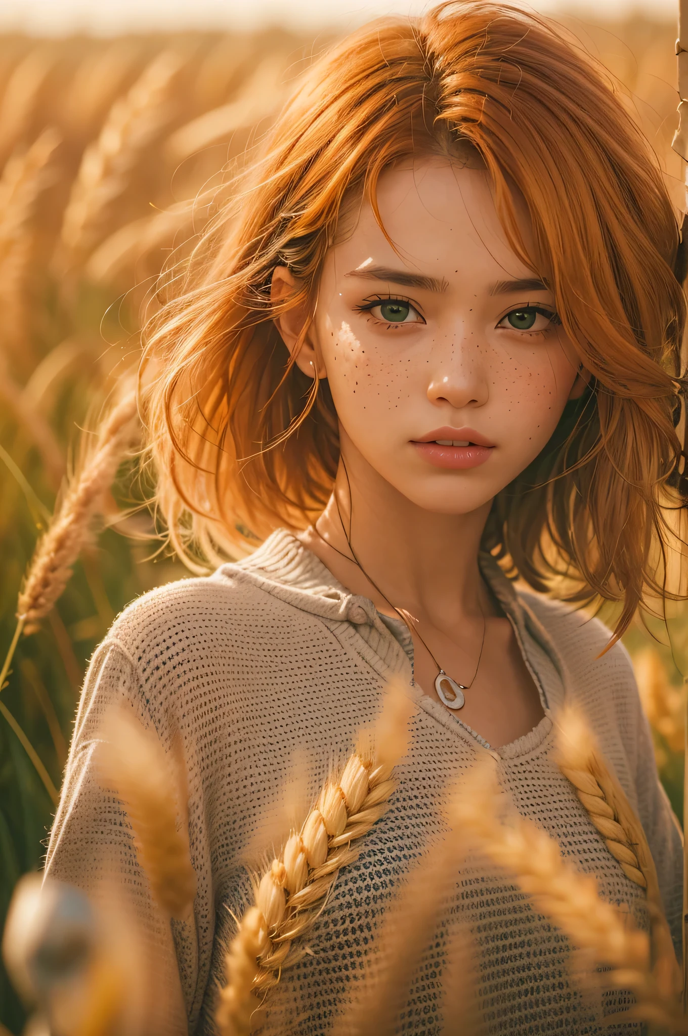 1girl, belviso, bob cut, braid, light freckles, lips, long hair, looking at viewer, messy hair, orange hair, green eyes,
half body shot, realistic, solo, teeth.
Walking through a wheat field. Dramatic sky, blurry background, blurry foreground, shallow depth of field.
golden hour. 