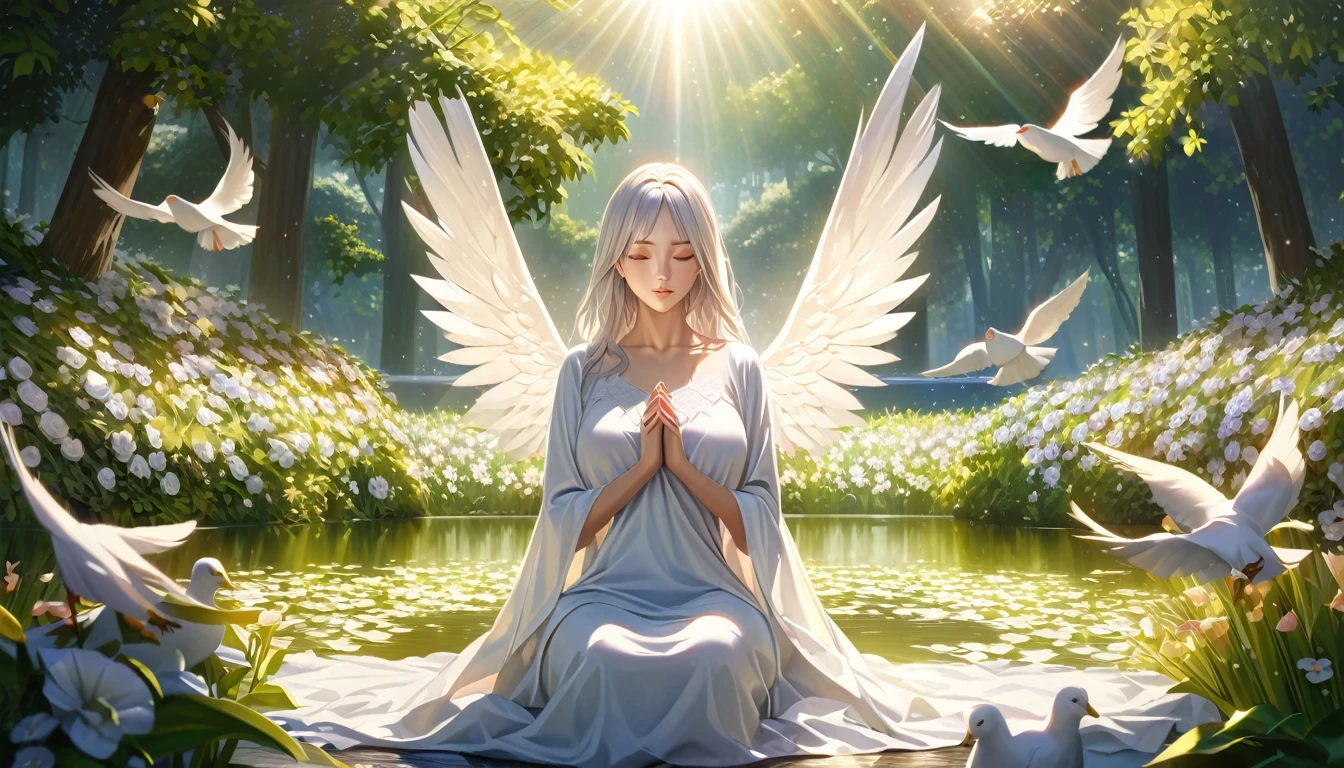a 29 years old beautiful angel mother with long white hair, european face ,beautifull wings, huge tits, beautifull white angelic wings, praying,white clothes, surrounded by white doves, serene and peaceful expression, ethereal and heavenly, 4k, high quality, intricate details, photorealistic, dramatic lighting, vibrant colors, beautifull scenerie, beautifull light, a peaceful garden, lush greenery, blooming flowers, serene atmosphere, warm sunlight, calming pond, tranquil landscape, beautiful scenery, natural environment, idyllic setting, (best quality,4k,8k,highres,masterpiece:1.2),ultra-detailed,(realistic,photorealistic,photo-realistic:1.37),landscape,vibrant colors,soft lighting,natural lighting