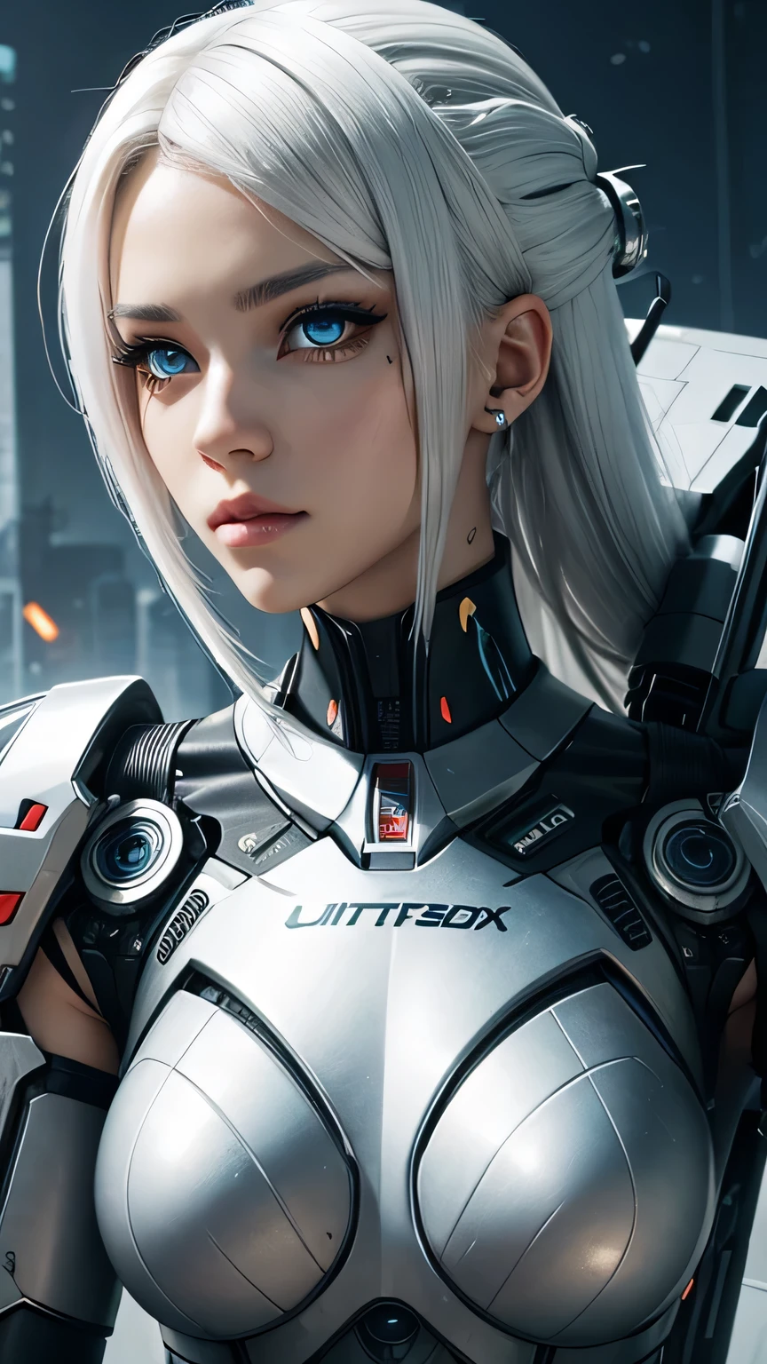 cyborg girl, beautiful eyes, battle field background, white hair, masterpiece, ultra high details