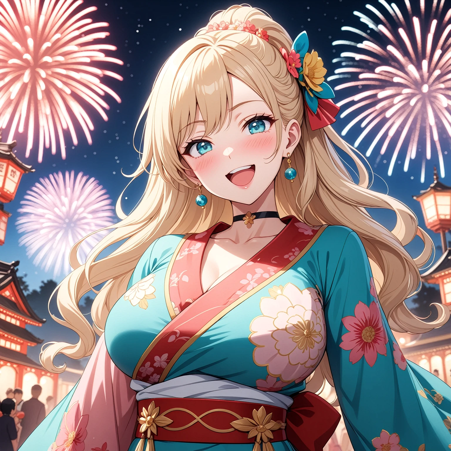 ((One personの女性)), Beautiful Face,(Laughing embarrassedly), (naughty face:1.2), ((Wink:1.9)), (head tilt:1.3), Laughing with your mouth open, upper teeth, ((full-face blush:1.5)), looking at viewer, Glossy Red Lips, (Shining Face), ((Anime style background)) , night, Observatory, Festival decorations, firework, ,masterpiece, Highest quality, so beautiful,up to date, Complex details, (Pink long nails),(ring),(bracelet),(choker),AI-generated, Complex,High resolution, Highest quality, super high quality,3D Images、3D Images,One person,Long blonde hair,ponytail, wavy hair ,写真のポーズをとるAnime Women, ((Fine grain、Turquoise Eyes、Shining Eyes:1.4)), (Squint your eyes:1.1),a hyperRealistic , hyperRealistic , Realistic,Anime Women, Smooth anime CG art, A woman in a colorful kimono with gold embroidery, (Pink long sleeve kimono),Red floral pattern,Long flower hair ornament,Earrings,Mature Body,(Big Breasts:1.1),Tall,Abdominal muscles,Tight waist,(face focus:1.4), ((front view)),