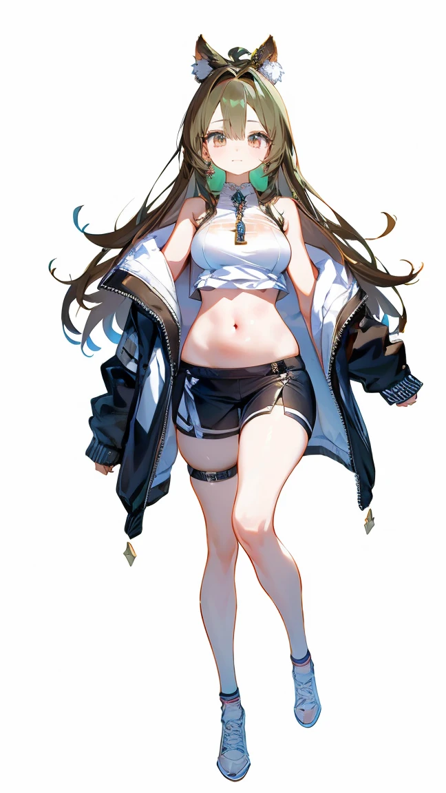 （Vtuber Standing Pictures）、（Standing picture on the front）、1girl, Underside_greenarchive, bedazzling eye, exposed 胃, Exposed navel, Naked tummy, eye, exposed , , Forehead、 green_eye, brown_hair, Hello, have, Jacket、hoodie、Shoulder Bare、Large hood、brownのhair, Shorts、feet、white background, full body