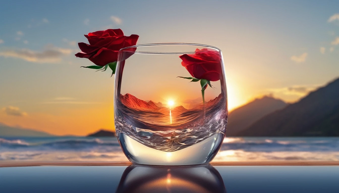 The sun in a crystal glass by the sea, against the background of the mountains, a glass of regular classical shape, opened from above, below, next to the glass, is a red rose, high-quality realistic photography