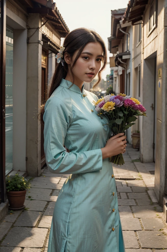 a beautiful girl in vintage colors aodai, masterpiec e, best quality, realistic: 1.3, street, holding bundle o f flowers, sunlight, backlighting, artstation, intricate details, vignettThe owner of an attractive body outli ne and high hips3d 4k