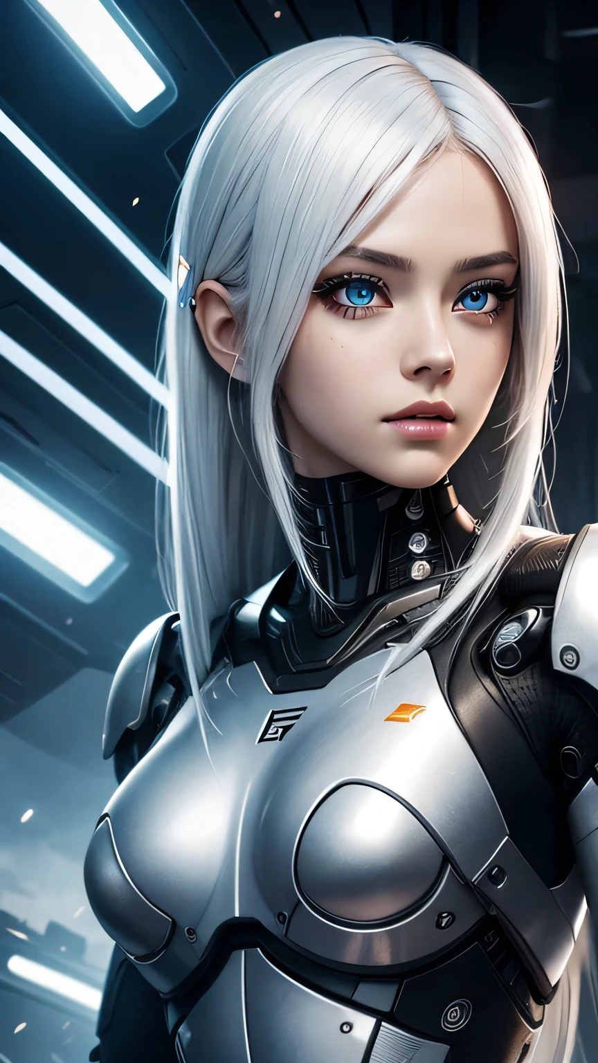 cyborg girl, beautiful eyes, battle field background, white hair, masterpiece, ultra high details