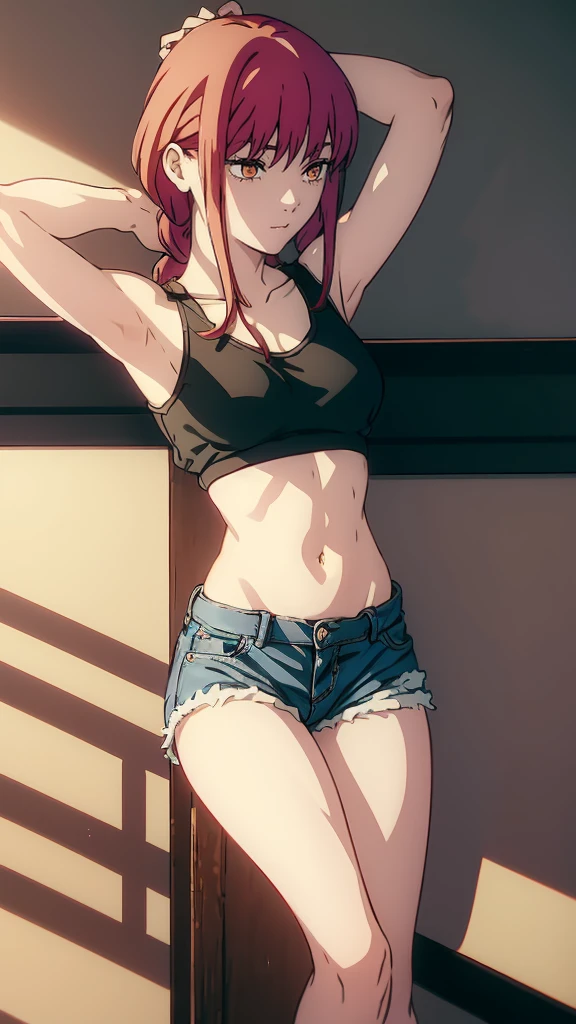 makima, best quality, masterpiece, highres, best quality, solo, long_hair, red_hair, golden_eyes, big_breast, crop_tanktop, belly, stomach, navel, hards on hips , armpit, thigh, denim short, mini short