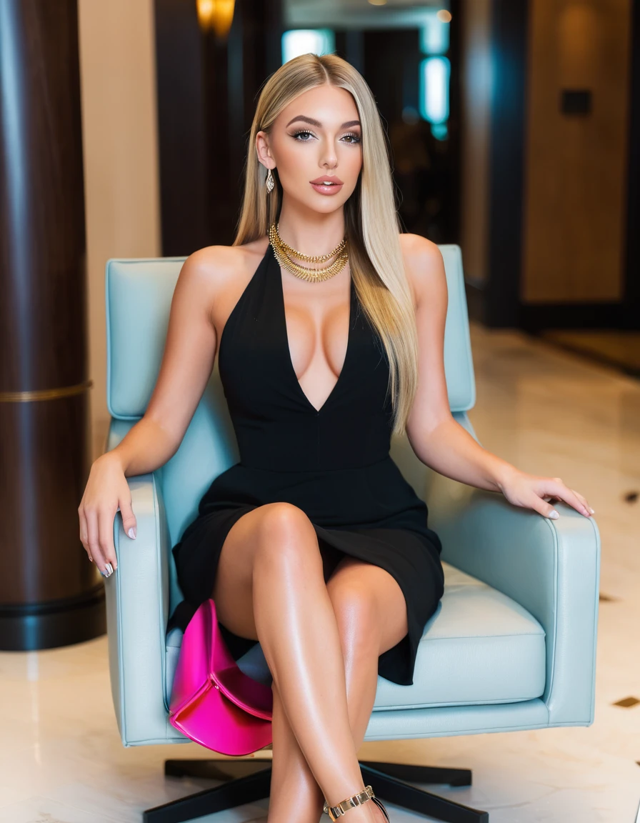 (best quality,4k,highres, highres face details), blonde long straight hair, 18 years old, instagram model, 36DD fake breast, fake lashes, fake lips, dark makeup, perfect skin, tan skin, she is skinny, she is caucasian, she is wearing a black dress, high heels, slim gold chain, she is in miami, downtown miami, in the lobby of a 5 star hotel, sitting in a confy chair, legs crossed, hugh fake breast, posing, taking a pose, picture from head to toes