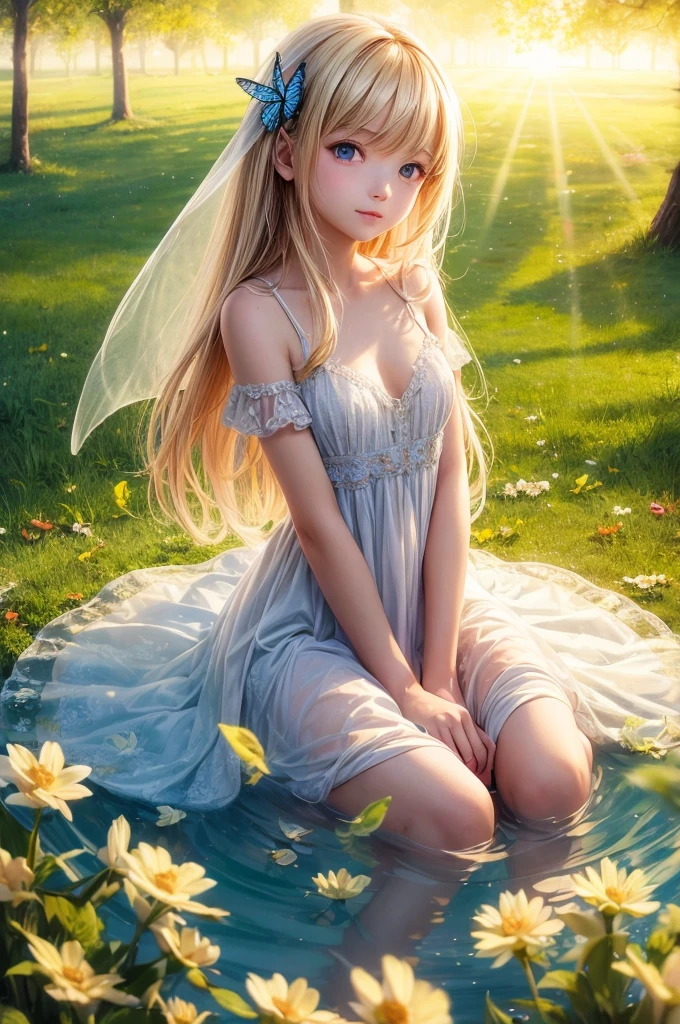 "((Innocent)) girl, golden hour, dreamy meadow, ethereal, whimsical, flowing dress, soft sunlight, enchanting, butterfly wings, (Pastel clouds), liquid reflections super resolution realistic