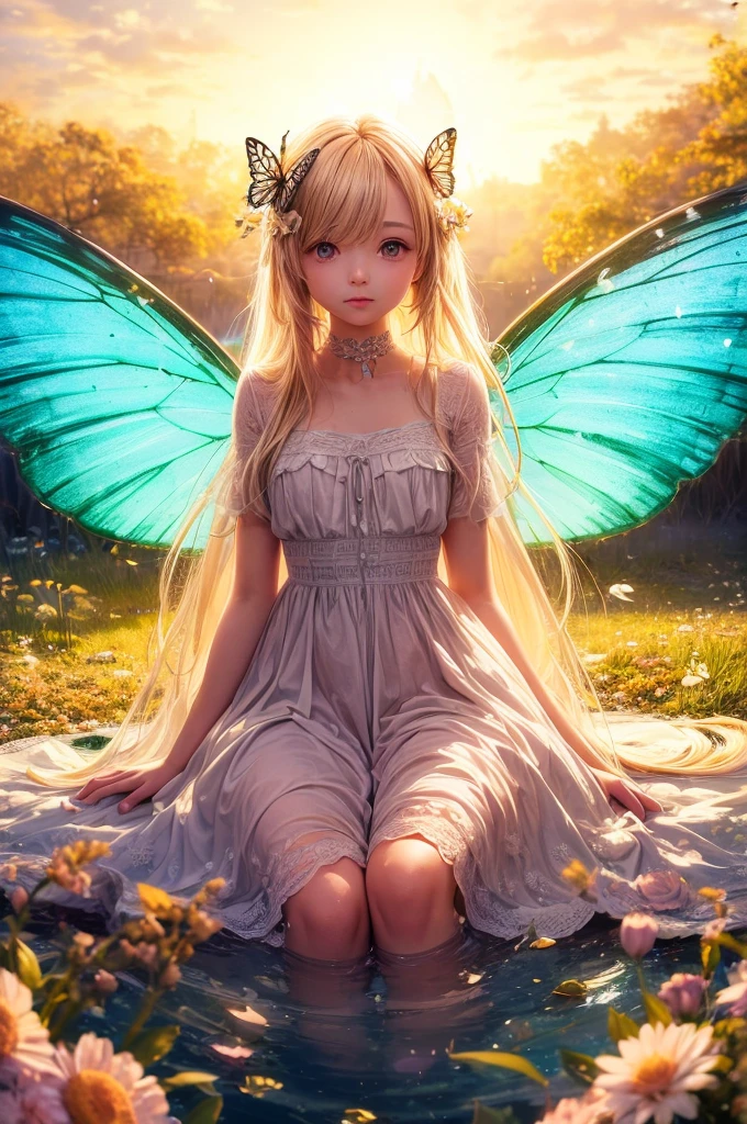 "((Innocent)) girl, golden hour, dreamy meadow, ethereal, whimsical, flowing dress, soft sunlight, enchanting, butterfly wings, (Pastel clouds), liquid reflections super resolution realistic