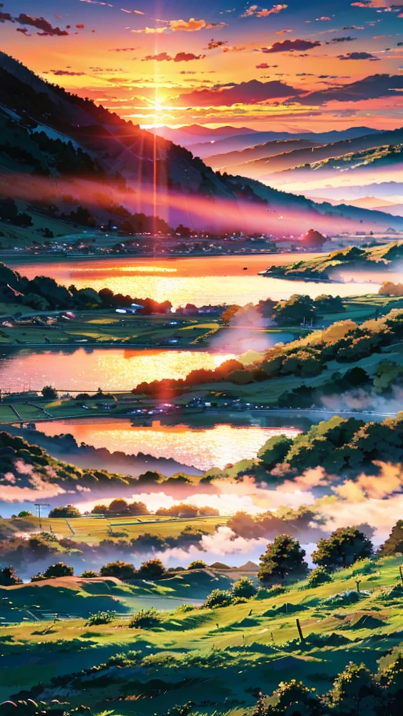 landscape, anime style, countryside, with mountains and clouds in the background, ultra hd, sunrise