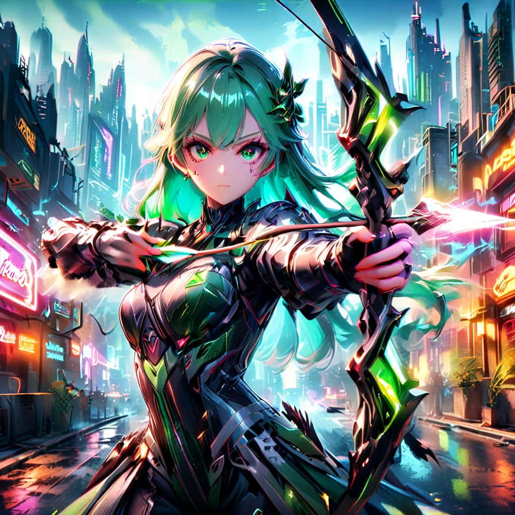 Art jade doll，An anime girl with flowing emerald green hair，She&#39;s dressed in sleek black mech gear，In the background of the futuristic cyberpunk city。She was armed with a bow and arrow，A determined expression，Surrounded by neon lights、Cityscape with vivid colors and dramatic lighting，The overall style is full of charm and energy。
(cyberpunk:1.3) (mecha aesthetic:1.2) (anime girl:1.4), (flowing emerald green hair:1.2), (sleek black mecha armor:1.2), (futuristic cyberpunk cityscape:1.3), (high-angle shot:1.2), (gripping bow and arrow:1.3), (determined expression:1.2), (neon lights:1.3), (vivid colors:1.2), (dramatic lighting:1.2), (Konachan-style:1.1), (4K wallpaper:1.2), (captivating energy:1.2)