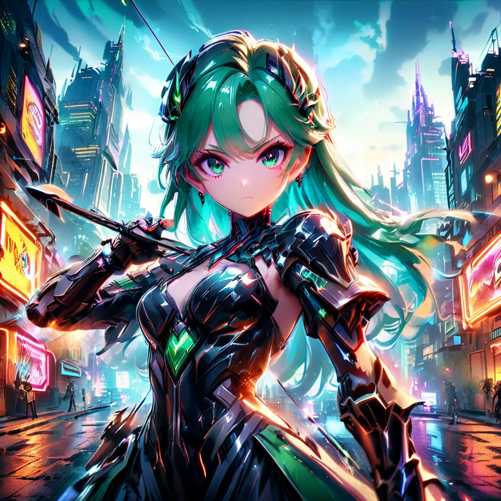 Art jade doll，An anime girl with flowing emerald green hair，She&#39;s dressed in sleek black mech gear，In the background of the futuristic cyberpunk city。She was armed with a bow and arrow，A determined expression，Surrounded by neon lights、Cityscape with vivid colors and dramatic lighting，The overall style is full of charm and energy。
(cyberpunk:1.3) (mecha aesthetic:1.2) (anime girl:1.4), (flowing emerald green hair:1.2), (sleek black mecha armor:1.2), (futuristic cyberpunk cityscape:1.3), (high-angle shot:1.2), (gripping bow and arrow:1.3), (determined expression:1.2), (neon lights:1.3), (vivid colors:1.2), (dramatic lighting:1.2), (Konachan-style:1.1), (4K wallpaper:1.2), (captivating energy:1.2)