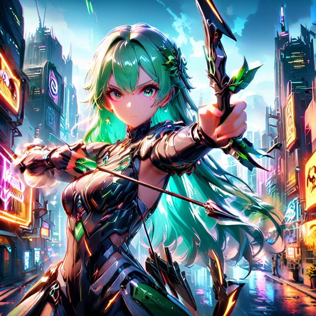 Art jade doll，An anime girl with flowing emerald green hair，She&#39;s dressed in sleek black mech gear，In the background of the futuristic cyberpunk city。She was armed with a bow and arrow，A determined expression，Surrounded by neon lights、Cityscape with vivid colors and dramatic lighting，The overall style is full of charm and energy。
(cyberpunk:1.3) (mecha aesthetic:1.2) (anime girl:1.4), (flowing emerald green hair:1.2), (sleek black mecha armor:1.2), (futuristic cyberpunk cityscape:1.3), (high-angle shot:1.2), (gripping bow and arrow:1.3), (determined expression:1.2), (neon lights:1.3), (vivid colors:1.2), (dramatic lighting:1.2), (Konachan-style:1.1), (4K wallpaper:1.2), (captivating energy:1.2)