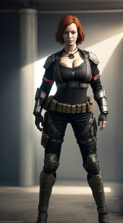 Imagine Christina Hendricks as an Call of Duty character, Christina Hendricks as a video game character, Call of Duty, Christina Hendricks in a First-Person shooter video game, created in Craig Mullins style. High-quality facial research of Christina Hendricks, (Christina's sculpted cheekbones and slight wrinkles around the face), 48 years old, High-quality detailed research of Christina Hendricks voluptuous figure. Body armor, armored suit, cleavage, high-tech goggles, metallic utility belt, metal arm bands, gun holsters, fingerless gloves. Glamorous, confident expression, fierce and powerful stance. (Full Body shot), (realistic photo, best quality, detailed), (8k wallpaper), (cinematic lighting, dramatic lighting) (sharp focus, intricate)