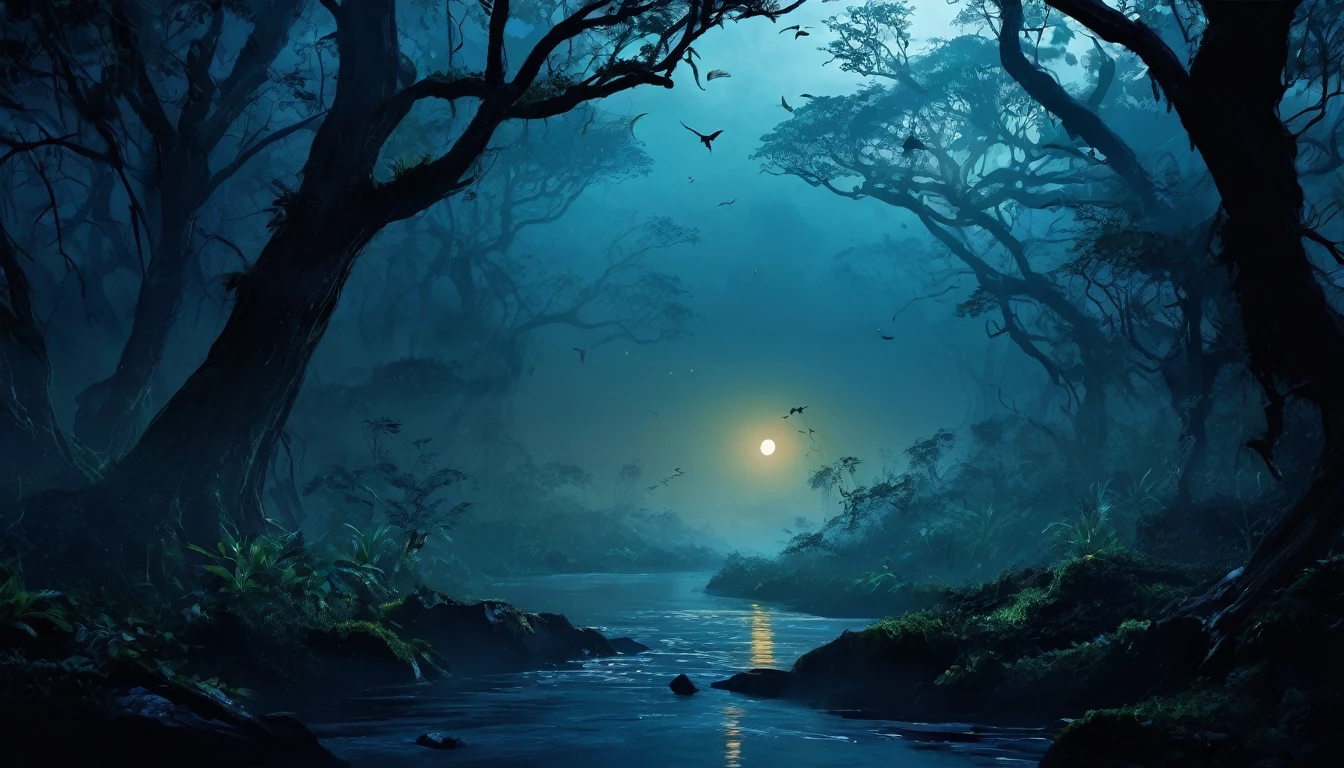 Create a digital artwork inspired by the urban legend of 'Nishi' from West Bengal. The scene should depict a dark, atmospheric setting characteristic of Bengali folklore. Include elements like dense forests, misty surroundings. The focal point should be a mysterious figure resembling 'Nishi', with features that evoke both curiosity and fear. Use a color palette that enhances the eerie and mystical nature of the legend, with subtle details that hint at supernatural elements. The overall composition should capture the essence of the haunting tale of 'Nishi