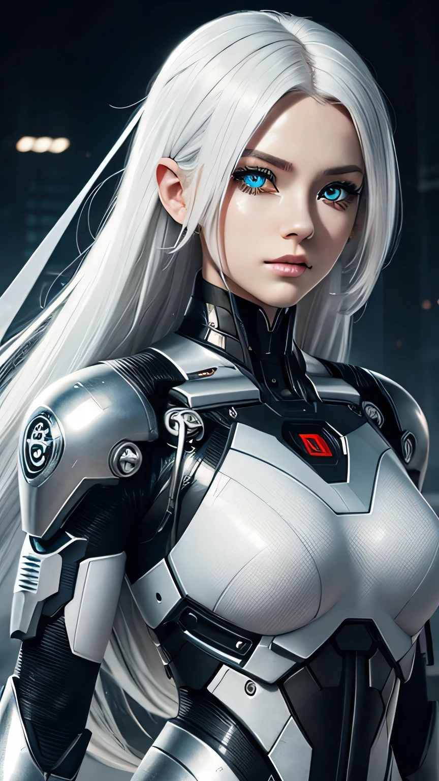 cyborg girl, beautiful eyes, battle field background, white hair, masterpiece, ultra high details