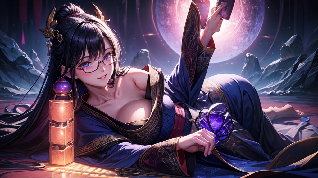 1 girl, full body, dark long hair, glowing blue eyes, glasses, yukata, parted lips, big breast, blush, smiling, midnight room, hyper-detailed, high quality, 8k, photorealistic, professional digital painting, dramatic lighting, vibrant colors, intricate details, serene atmosphere, natural environment, ethereal