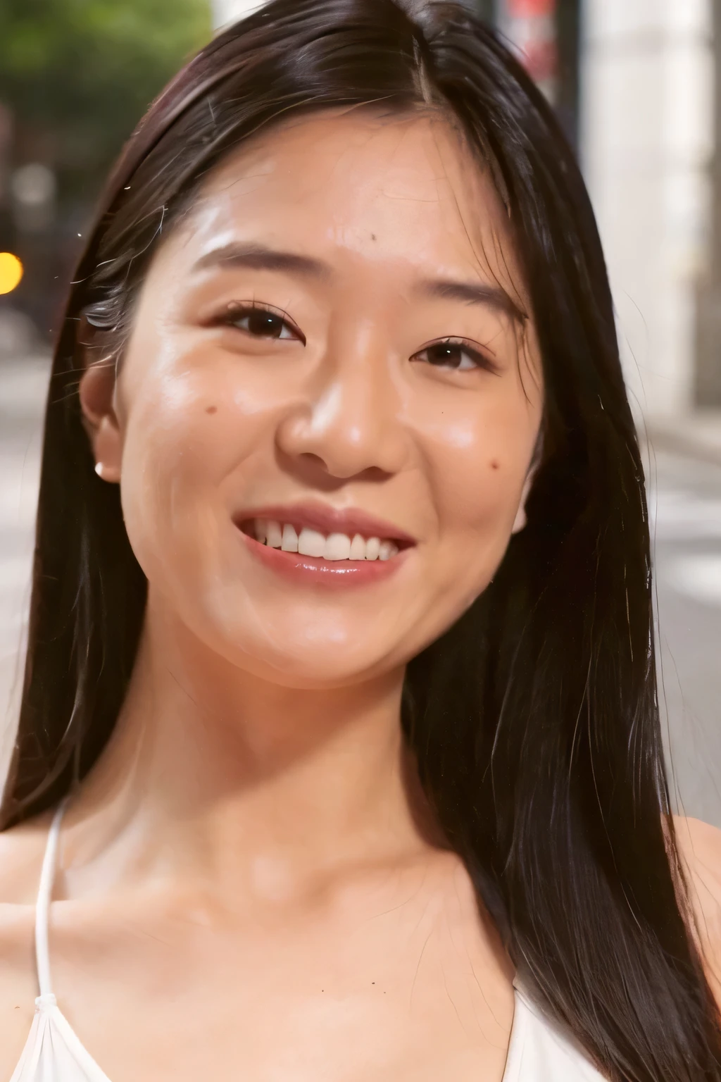 ((highest quality、8K resolution、master masterpiece、portrait:1.3)), Photoreal, 35mm film, 1 Japanese female, Upper body、on the street during the day,tassel 、 wrinkles around the eyes, plump body、smile,((white bra_panties:1.3)) , (outdoor:city street 1.3), jumbled background,look at the audience,Tokyo cityscape:1.3,smile