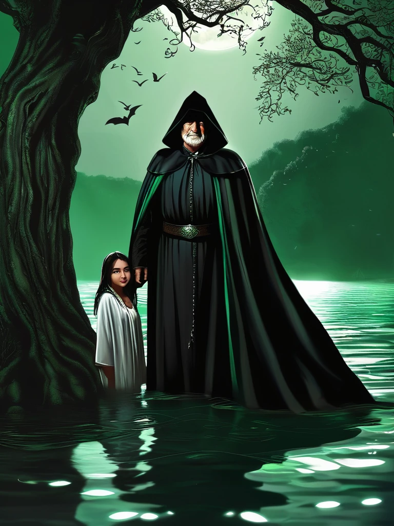 grandfather in a black cloak and black hood, grandfather stands behind a tree , looks at a beautiful woman, a woman with green eyes stands waist-deep in water, in a white cape. Woman smiling sinisterly,She stands facing her grandfather.night,dark,moon, darkness
