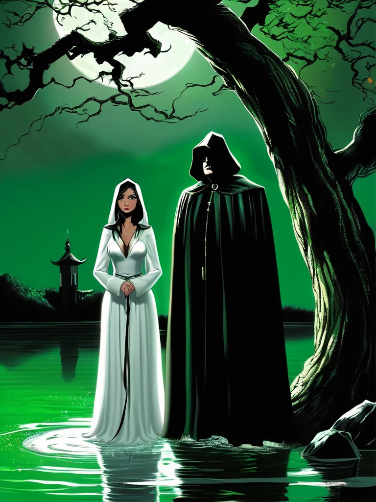 grandfather in a black cloak and black hood, grandfather stands behind a tree ,  looks at a beautiful woman, a woman with green eyes stands waist-deep in water, in a white cape. Woman smiling sinisterly,She stands facing her grandfather.night,dark,moon, darkness