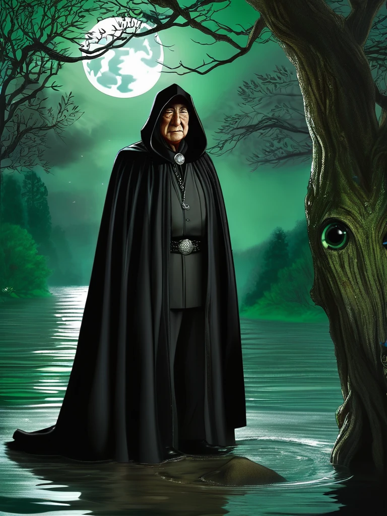 grandfather in a black cloak and black hood, grandfather stands behind a tree , looks at a beautiful woman, a woman with green eyes stands waist-deep in water, in a white cape. Woman smiling sinisterly,She stands facing her grandfather.night,dark,moon, darkness