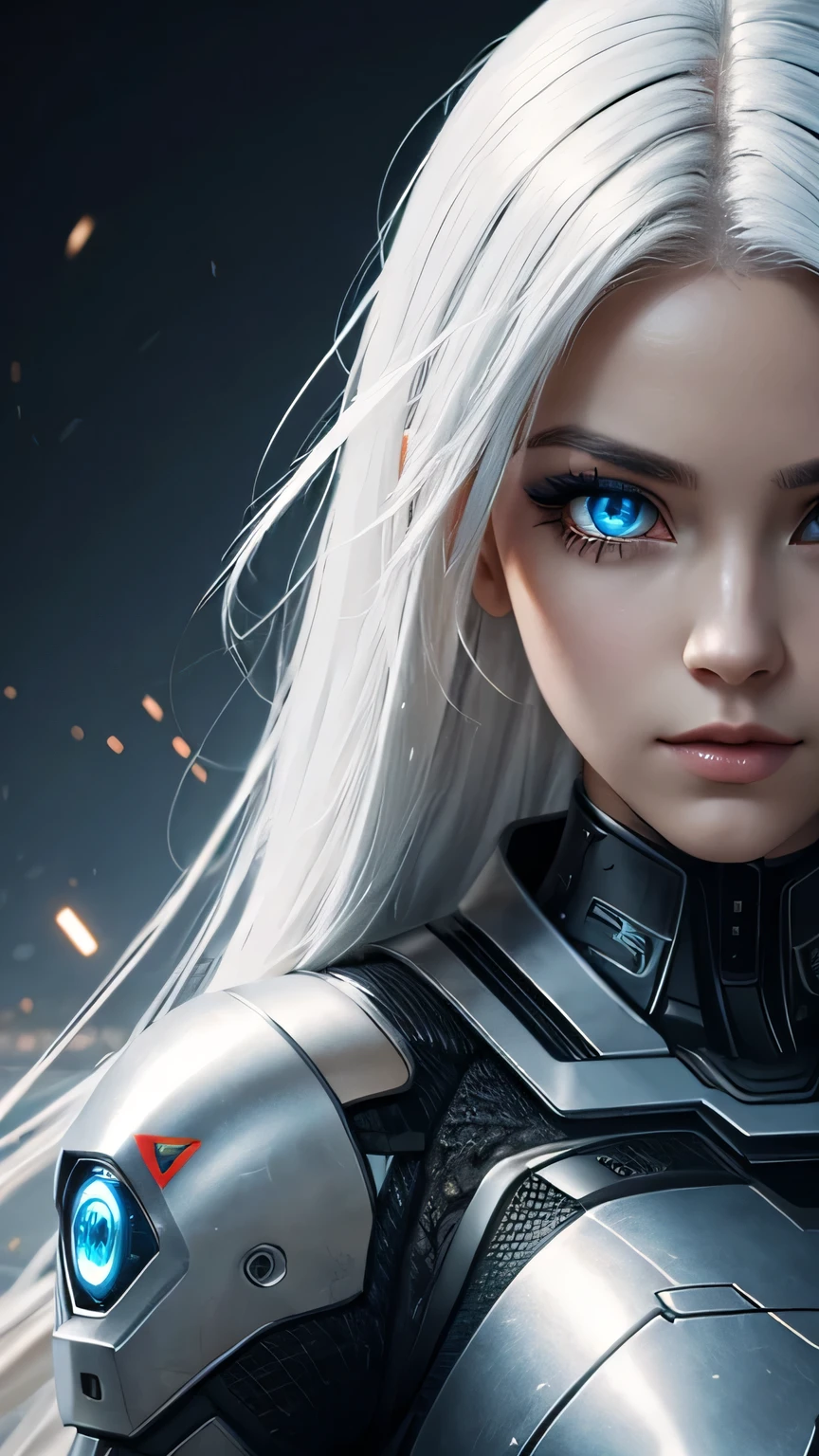 cyborg girl, beautiful eyes, battle field background, white hair, masterpiece, ultra high details