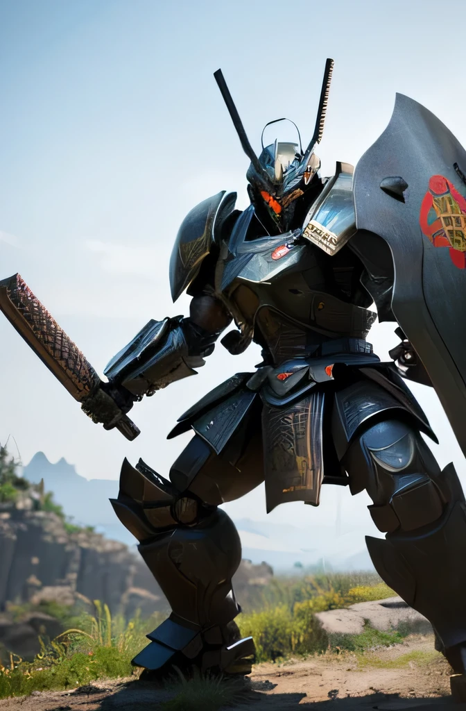 Highest quality、8K、Fantasy、detailed、Giant robot whole body、Camouflage、Armored Samurai Robot、The heavily armored body was developed as a weapon..、Damaged or dirty、Complex Texture、Solidly constructed and textured body、Samurai helmet-like head、The face is accurately drawn、Battle in the Wilderness、(Has a large shield to protect against enemy attacks)、masterpiece