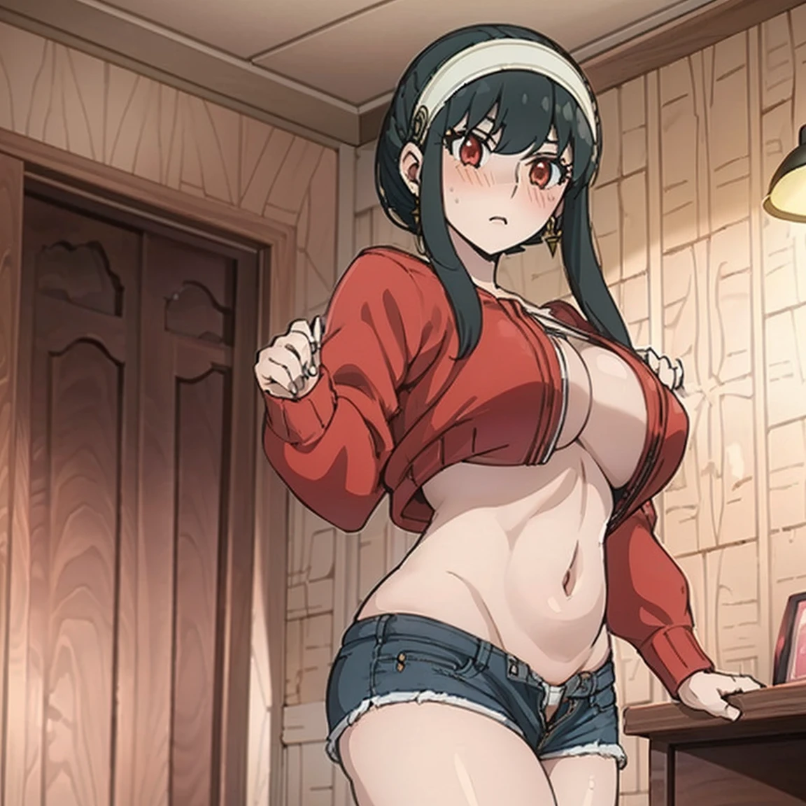 (masterpiece, best quality:1.2), 1girl, solo,(((standing_split,)) yorbriar, yor briar, black hair, (red eyes:1.5), earrings, white hairband, hairband ,short hair with long locks , bikini top and denim mini shorts, Unzip the jacket, Blush, big breasts , wide hips , milf , bedroom