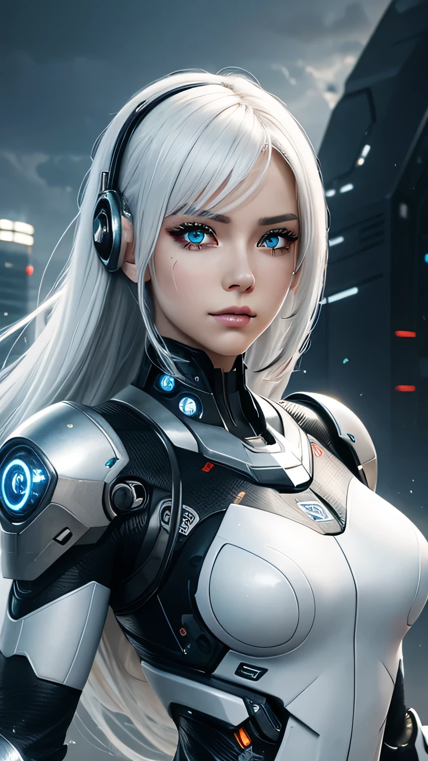 cyborg girl, beautiful eyes, battle field background, white hair, masterpiece, ultra high details