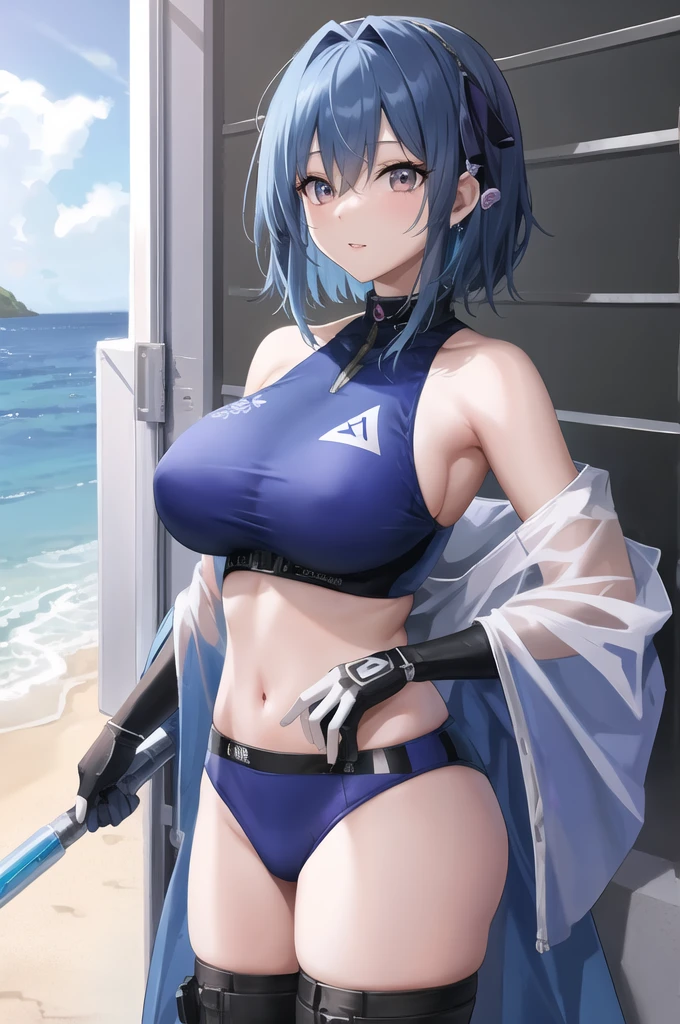 Top quality、Top image quality、masterpiece、Ultra-high resolution、short hair,Blue Hair,1 Female,Tall,Royal sister风格,Royal sister,Looking towards the camera,Swimsuit,手指微微勾起胸前Swimsuit的带子,,Large breast size,Highest definition,Japanese anime style,Highest definition度,8K