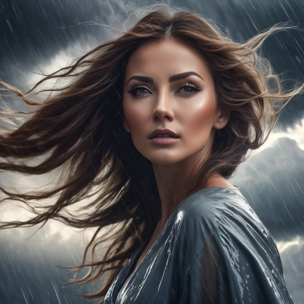 a woman in the hurricane, long eyelashes, beautiful woman with flowing hair, dramatic wind blowing hair, dramatic lighting, dramatic storm clouds, epic cinematic style, dramatic landscape, dramatic clouds, dynamic movement, photorealistic, 8k, high resolution, best quality