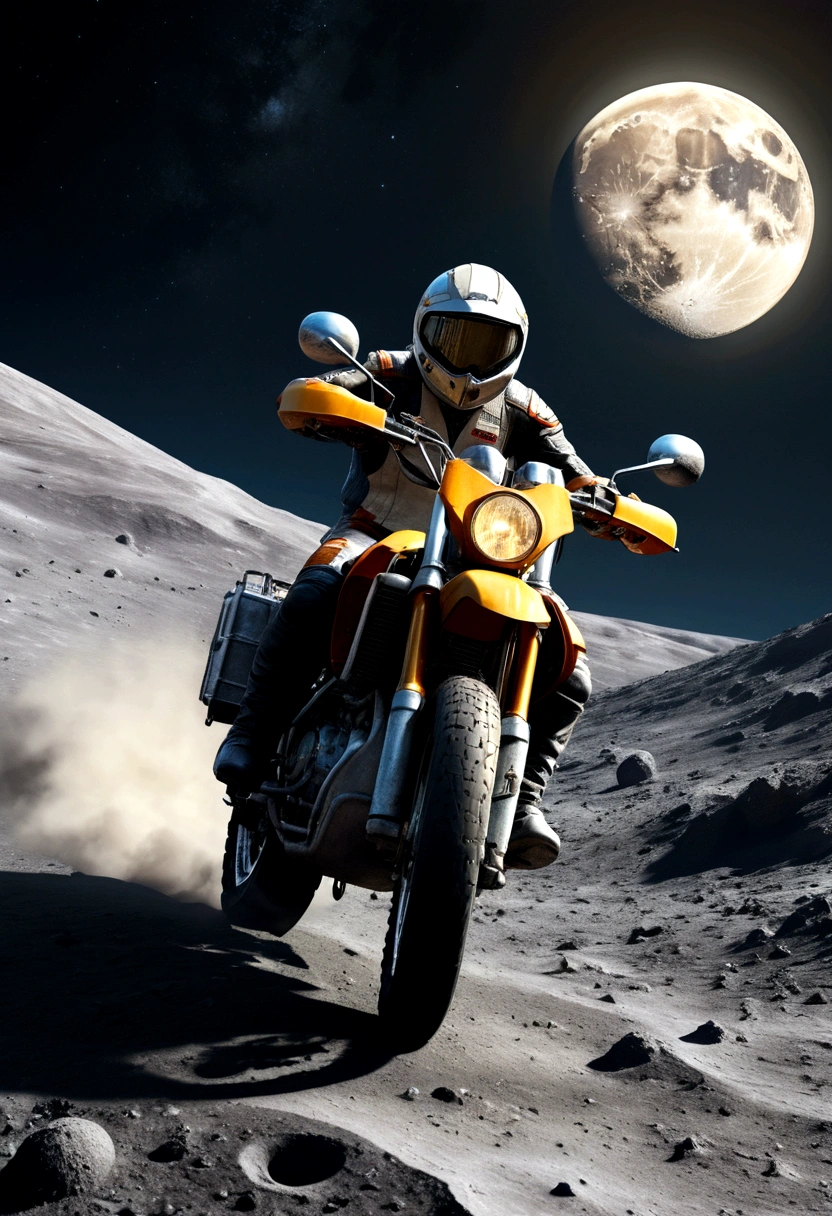 realistic detailed motorcycle driving on the surface of the moon, Earth visible in the sky, detailed lunar landscape, dramatic lighting, cinematic composition, realistic textures, intricate details, hyperrealistic, highly detailed, vibrant colors, dramatic lighting, photorealistic,4k, high resolution