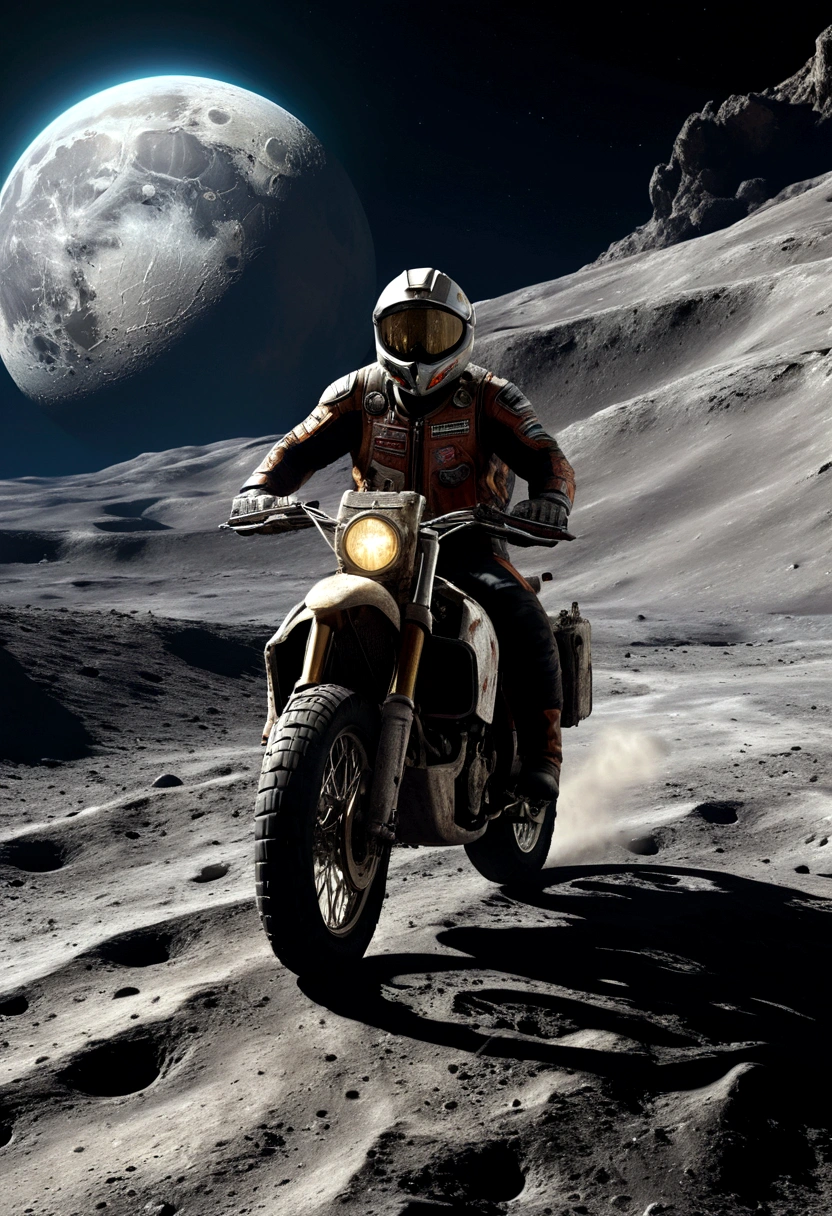 realistic detailed motorcycle driving on the surface of the moon, Earth visible in the sky, detailed lunar landscape, dramatic lighting, cinematic composition, realistic textures, intricate details, hyperrealistic, highly detailed, vibrant colors, dramatic lighting, photorealistic,4k, high resolution
