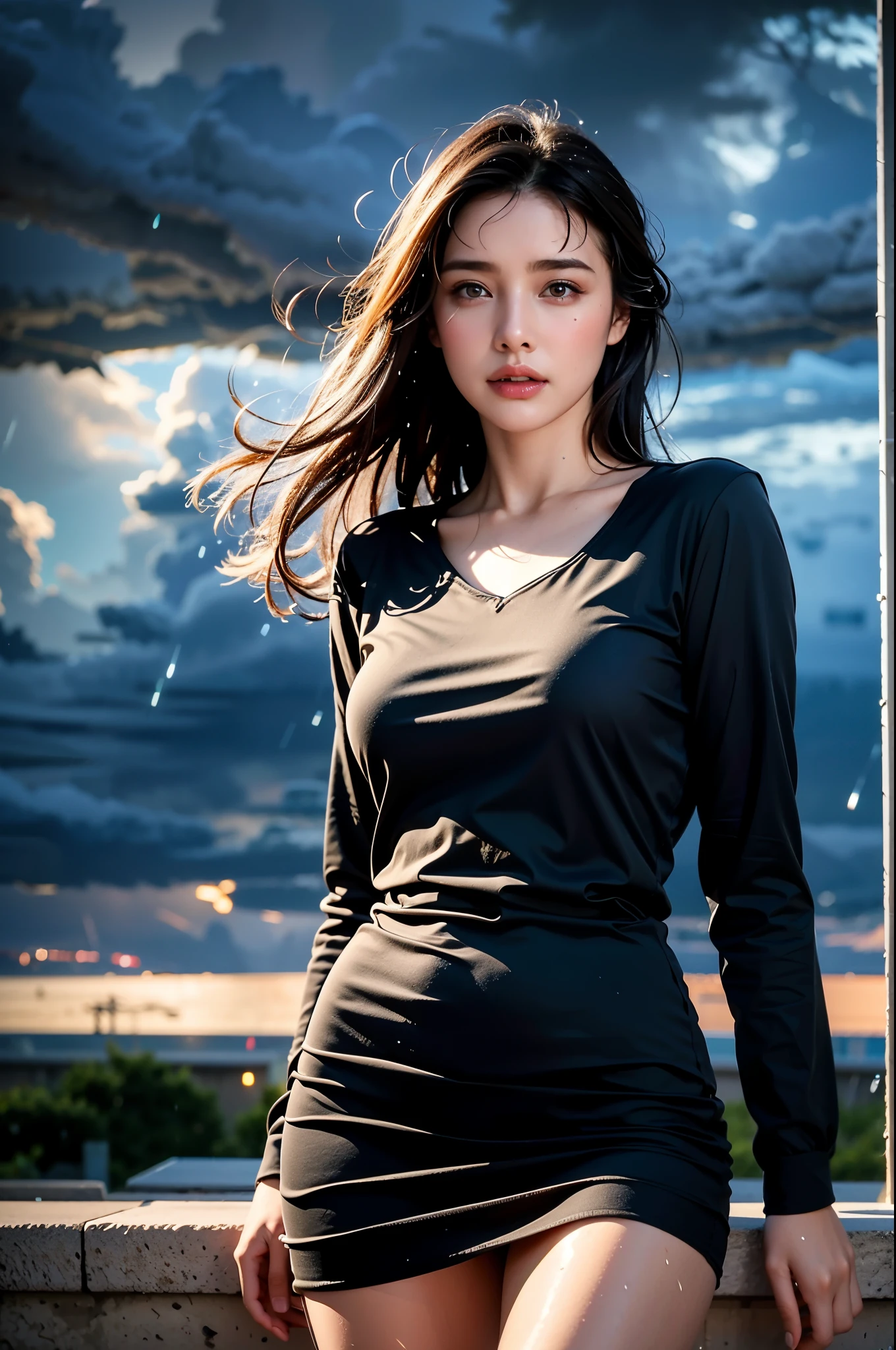 Highest quality, (photoRealistic:1.4), professional photograph, intricate composition, an extremely delicate and beautiful, 8k, ultra high res, cinematic lighting and shading, ((Realistic image of a beautiful girl very soaking wet all over, solo)), (((Night of stormy rain))), Heavy rain is falling, extremely pretty girl standing on the street, Amazing cute and well-featured face, parted lips, Beautifully curved hourglass body shape, (Casual summer dress very soaking wet), Hair flapping in the wind, dripping wet hair, Many beautifully clear drops of water, Like a dramatic scene from a movie, POV, (extremely detailed eyes and face), eyes with beautiful details, (insanely detailed beautiful natural skin texture), Accurate eyes, Accurate hands, Well-balanced overall body