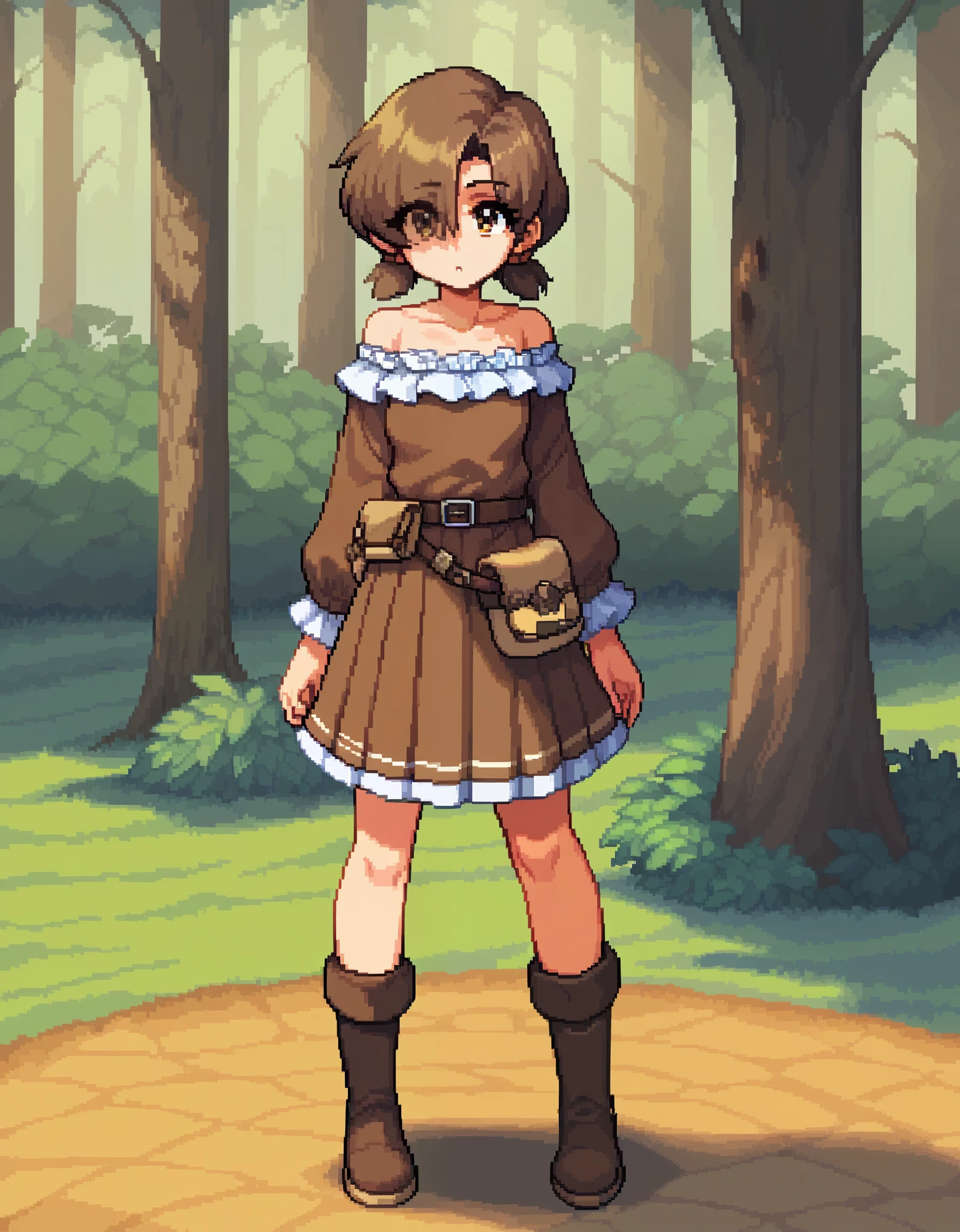 score_9, score_8_up, score_7_up, 
Pixel_Art
 epicanna, eyes visible through hair, 
brcoatoutfit, brown belt, brown dress, long sleeves, bare shoulders, belt bag, fanny pack, brown boots, frilled dress, layered dress, off-shoulder dress, pleated dress, short dress
defhairstyle, hair ornament, yellow orbs, hair over one eye, low twintails, short twintails, pigtails
side scroll, game, retro,
1girl,solo, standing,
forest, tree, bush,