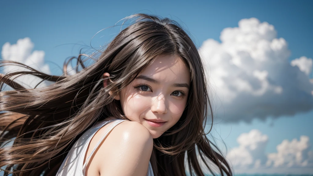 8K,masterpiece,Japanese,9-year-old girl,from the front,smile,cute,Innocent face,Innocent,Kind eyes,Childish,semi-long,Hair blowing in the wind,Black Hair,Somewhat strong wind,noon,bright,Sitting、Too much exposed skin