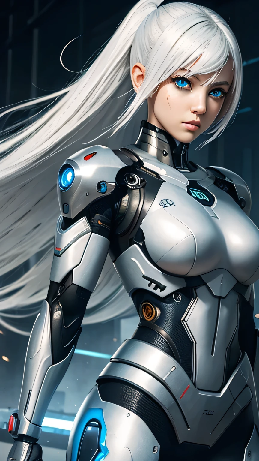 cyborg girl, beautiful eyes, battle field background, white hair, masterpiece, ultra high details