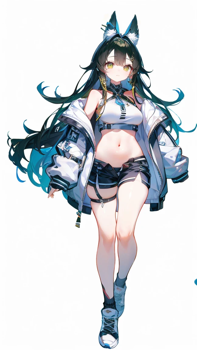 （Vtuber Standing Pictures）、（Standing picture on the front）、1girl, Underside_greenarchive, bedazzling eye, exposed 胃, Exposed navel, Naked tummy, eye, exposed , , Forehead、 green_eye, Black_hair, Hello, have, Jacket、hoodie、Shoulder Bare、Large hood、茶色のhair, Shorts、feet、white background, full body